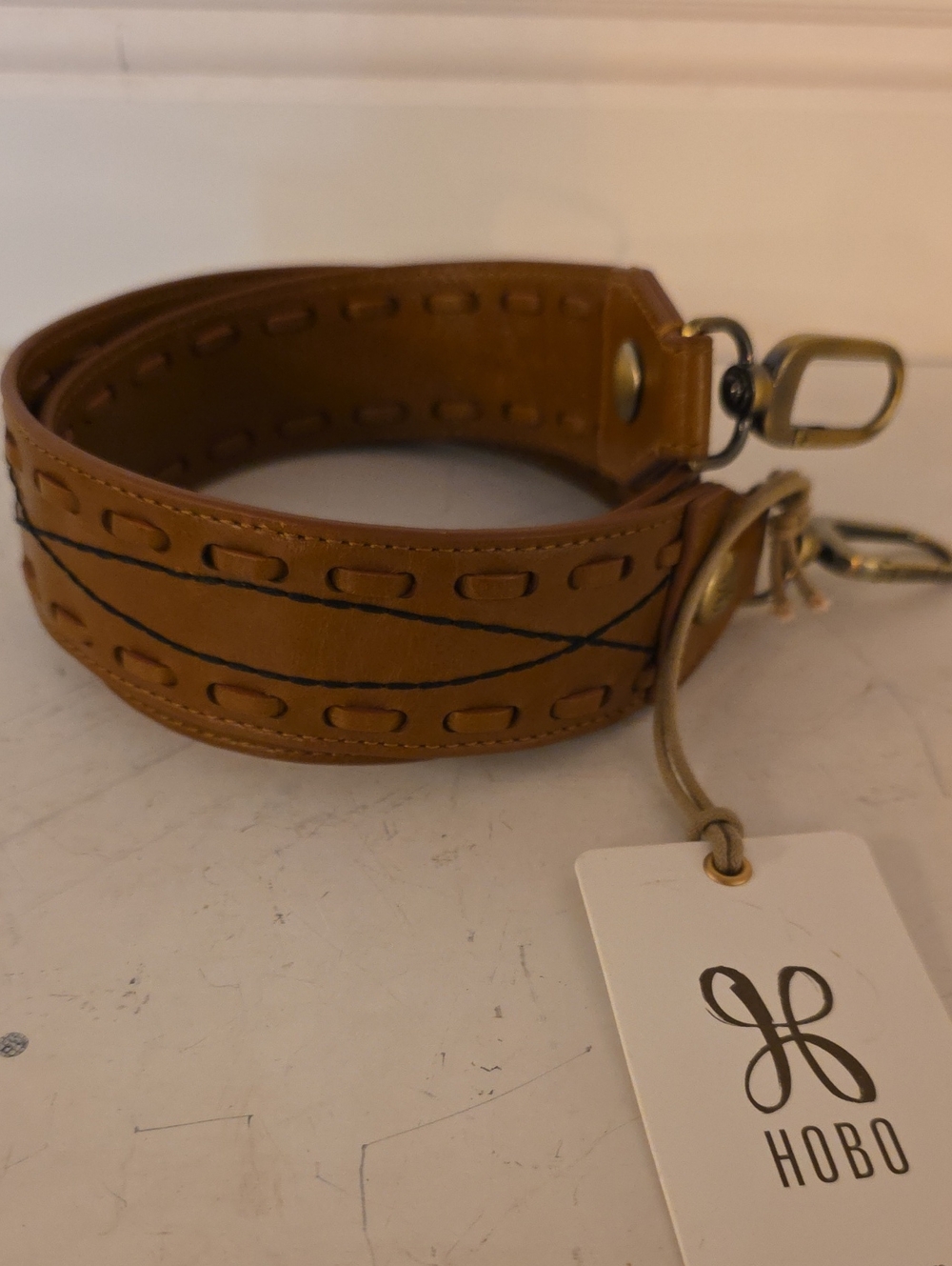 HOBO Brown Leather Embroidered Guitar Strap with Brass Hardware